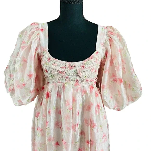 NWT Worth Collective Harlow Smocked Maxi Dress Puff Sleeve Pink Floral Chiffon S - Picture 3 of 12
